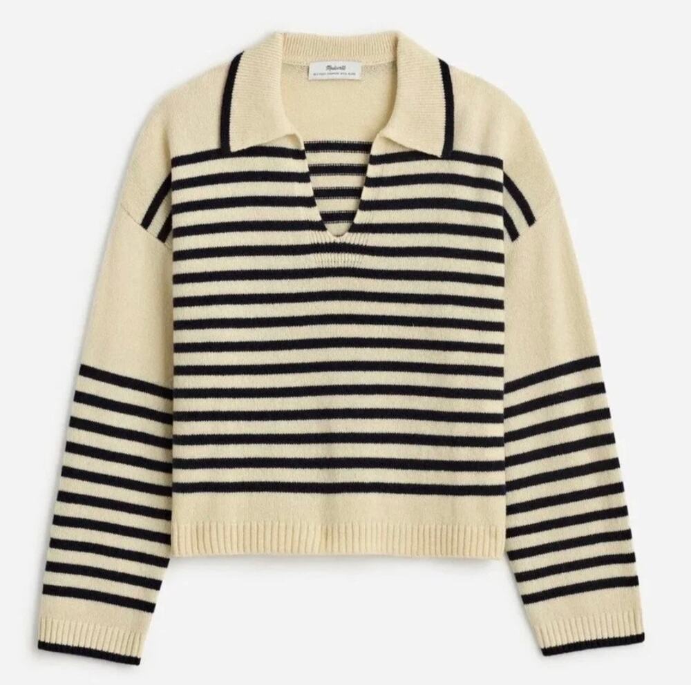 Madewell Cashmere Wool Blend Polo Sweater V Neck Cream Striped Relax XXL